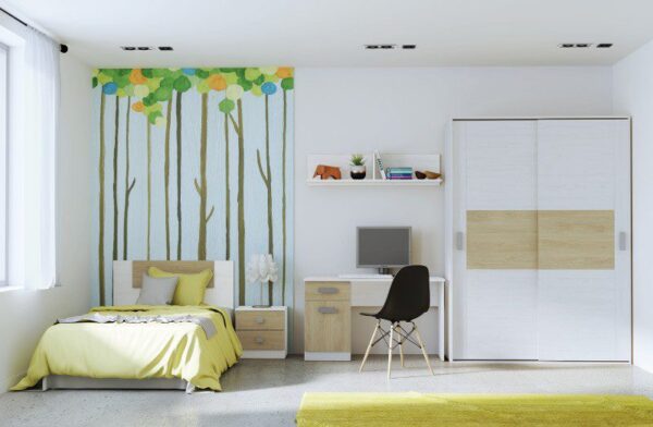 Dormitorio juvenil moderno Donald 04 con armario corredero, mesa de estudio y estantería, ideal para habitaciones juveniles.