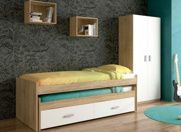 Dormitorio juvenil Champion 03 con cama compacta, armario y estanterías de almacenaje moderno.
