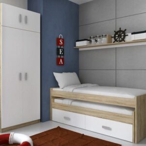Dormitorio juvenil Champion 04 compacto con armario doble y estante, ideal para habitaciones infantiles.