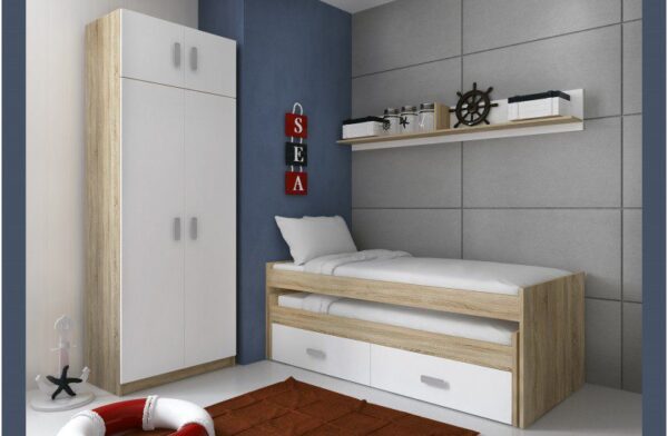 Dormitorio juvenil Champion 04 compacto con armario doble y estante, ideal para habitaciones infantiles.
