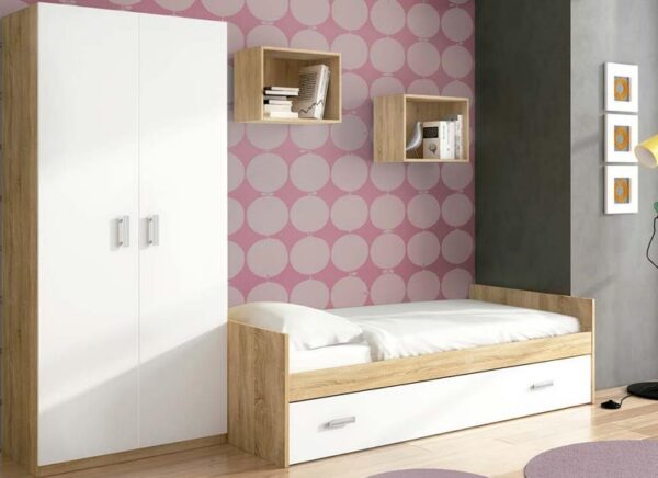 Dormitorio juvenil Champion 02 con cama nido y armario de dos puertas en acabado blanco y cambria.