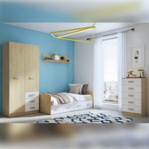 Dormitorio juvenil Donald 08 con cama nido, dos cajones y armario de dos puertas, perfecto para habitaciones modernas.