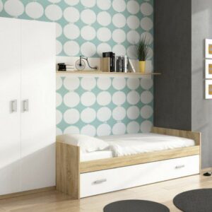 Dormitorio juvenil Champion 01 con cama nido, armario y estante en cambria y blanco ideal para niños y adolescentes.