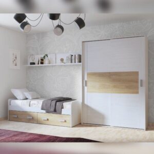 Dormitorio juvenil compacto Donald 07 con cama nido, cajones y armario de puertas correderas.