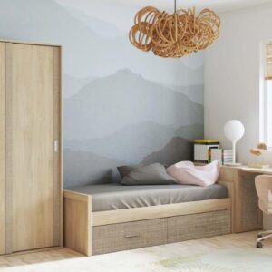 Dormitorio juvenil Lara 04 con cama nido, armario y mesa de estudio en color puccini/textil.