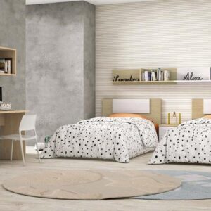 Dormitorio juvenil Donald 02 con escritorio, estanterías y armario zapatero, diseño moderno y funcional.