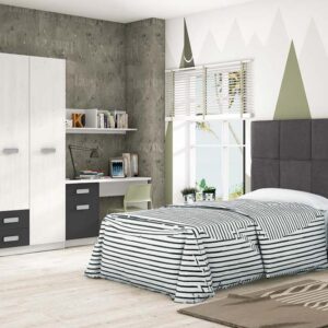 Dormitorio juvenil completo Donald 03 con cabecero tapizado y muebles de diseño moderno.