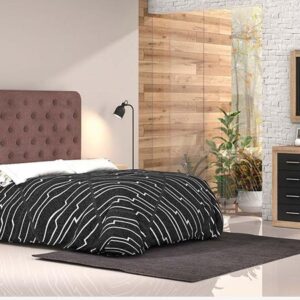 Dormitorio de matrimonio moderno Lara 31 en acabado color cambria y grafito con cabecero Empire instalado en una habitación.