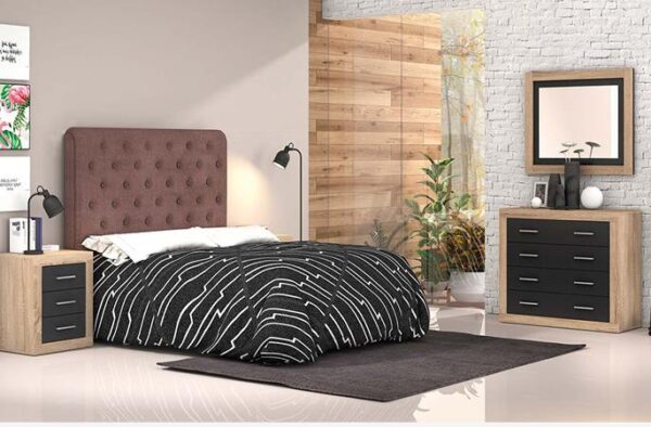 Dormitorio de matrimonio moderno Lara 31 en acabado color cambria y grafito con cabecero Empire instalado en una habitación.