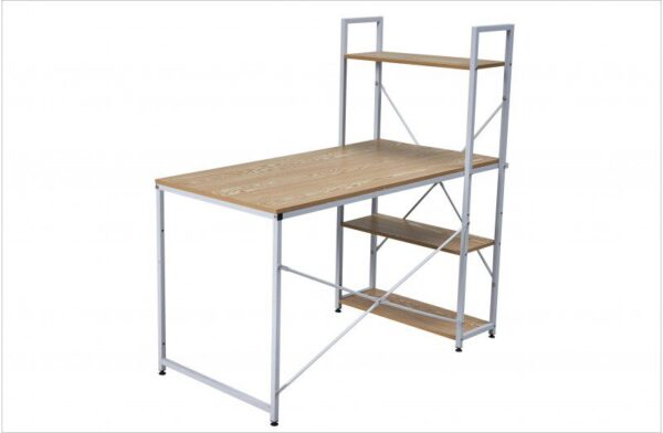 Escritorio con Estantería Dobby de diseño minimalista con baldas de madera MDF y estructura metálica blanca en un ambiente de oficina en casa.