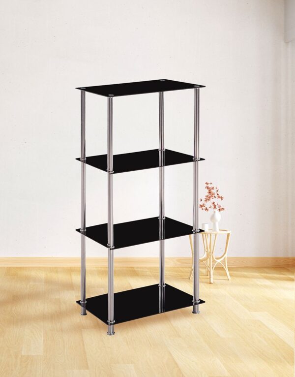 Estantería Bristol de diseño moderno con estructura de acero inoxidable y elegantes baldas de cristal templado negro.