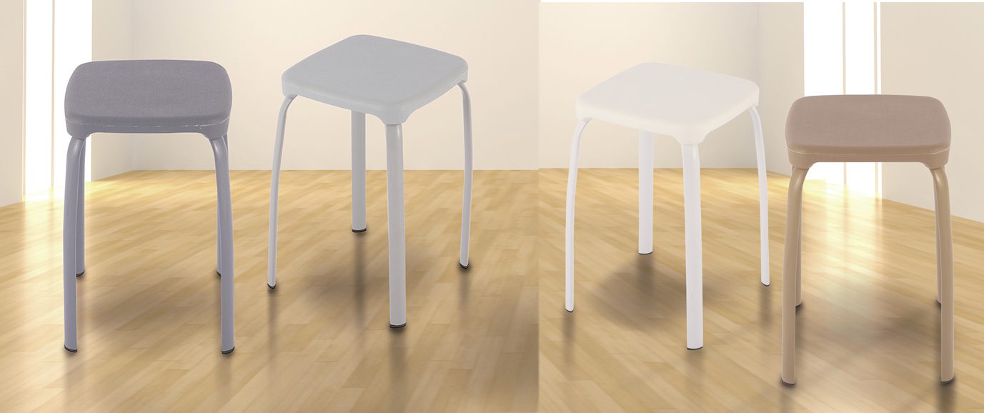 Varios taburetes del juego de 12 taburetes Lama en colores beige y gris, mostrando su diseño moderno con patas de metal.