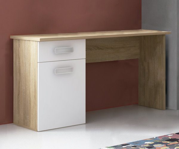 Mesa de estudio Champion de diseño moderno en color cambria y blanco con estante inferior para almacenamiento.