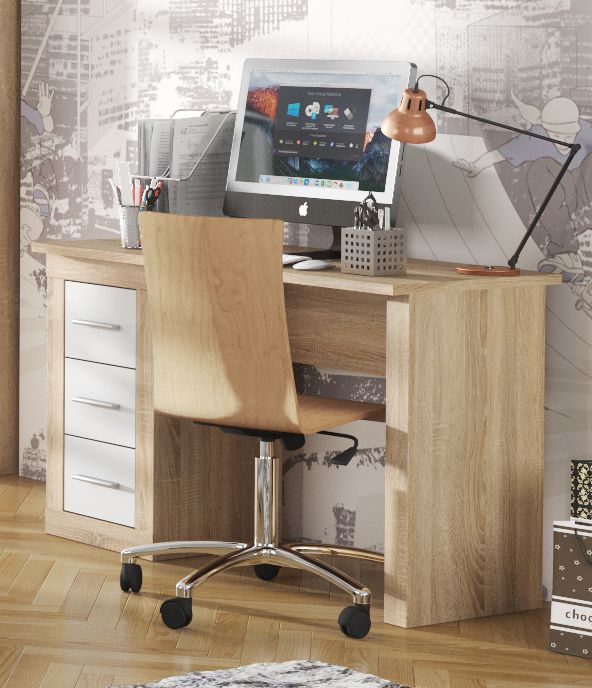 Mesa de estudio Lara en acabado cambria-blanco con tres cajones para un dormitorio juvenil moderno.