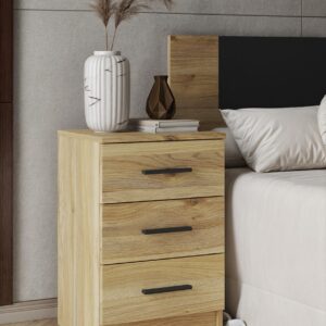 Mesita de noche 3 cajones Aura fabricada en melanina de alta calidad, ideal para dormitorios modernos.