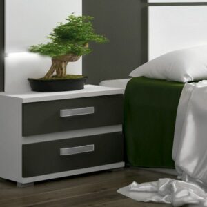 Mesita de noche Cabra blanca y grafito compacta y funcional para dormitorio moderno.