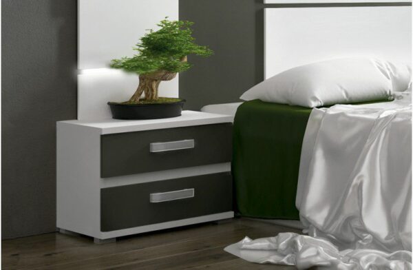 Mesita de noche Cabra blanca y grafito compacta y funcional para dormitorio moderno.
