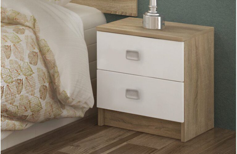 Mesita de noche juvenil Champion con dos cajones y frentes blancos, ideal para dormitorio moderno.