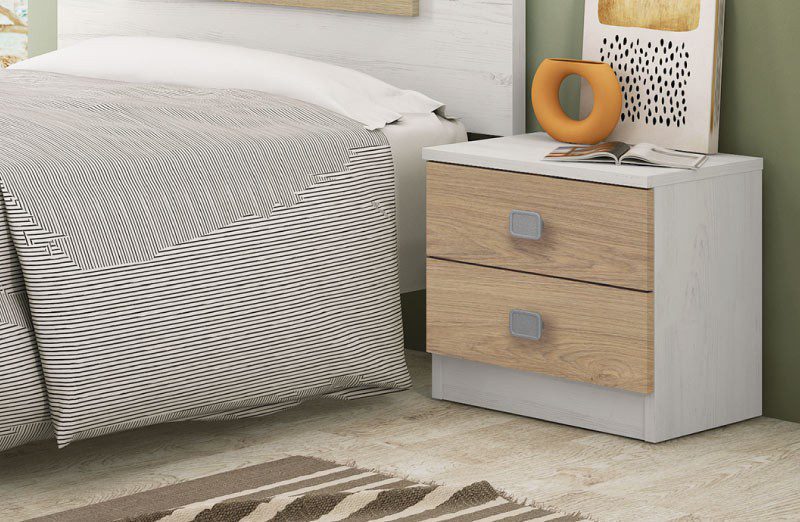 Mesita de noche compacta de dos cajones Donald disponible en cuatro colores versátiles.