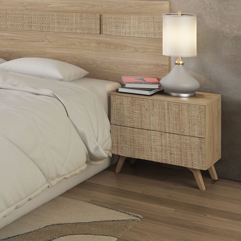 Mesita de noche dos cajones nórdica Soto, mueble elegante y duradero para dormitorios modernos.