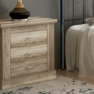 Mesita de noche Chellén de tres cajones moderna de melamina para dormitorio.