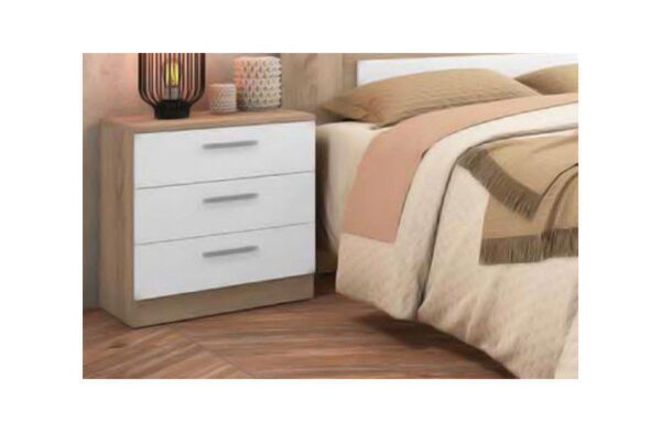 Mesita de noche moderna con tres cajones Monika de colores combinados y gran capacidad de almacenamiento.