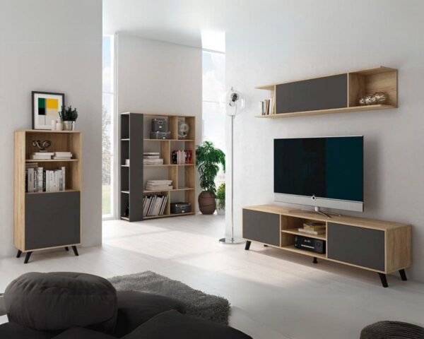 Salón Completo Soto 06 de estilo moderno en acabado cambria y grafito, compuesto por mueble de TV, módulo alto, estantería y mueble bar.