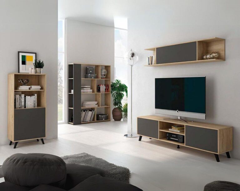 Salón Completo Soto 06 de estilo moderno en acabado cambria y grafito, compuesto por mueble de TV, módulo alto, estantería y mueble bar.