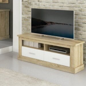 Mueble bajo de TV Chellén de estilo moderno con dos cajones y dos huecos en un salón luminoso.