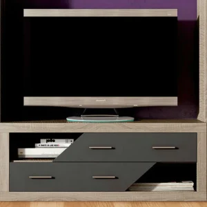 Mueble bajo TV Lara 2 cajones chaflán de estilo moderno en melamina, ideal para organizar el salón.