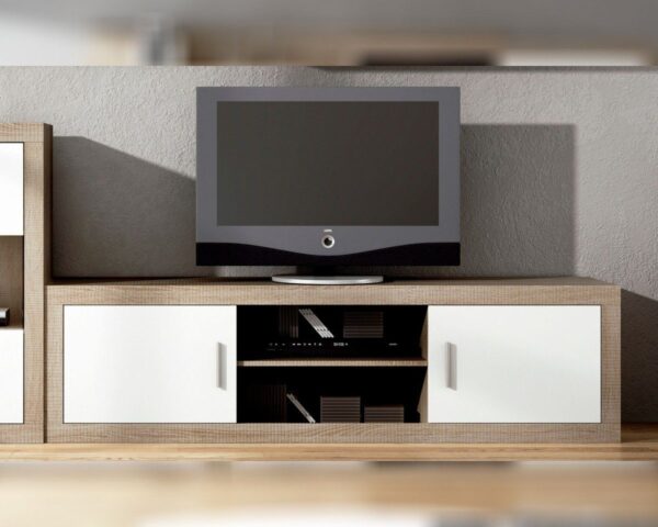 Mueble bajo de TV Lara 2 Puertas de estilo moderno en acabado cambria-blanco, con las puertas cerradas y un estante central.