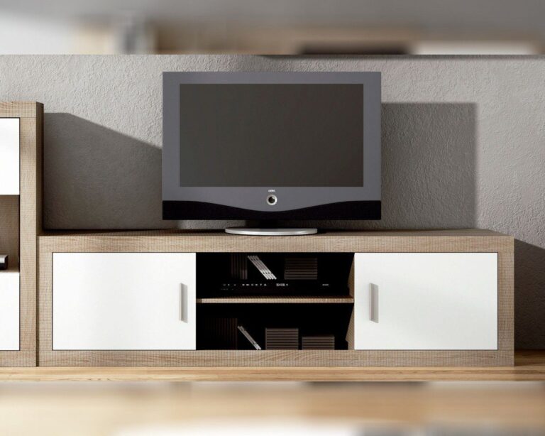 Mueble bajo de TV Lara 2 Puertas de estilo moderno en acabado cambria-blanco, con las puertas cerradas y un estante central.