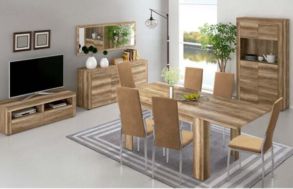 Ambiente de salón comedor amueblado con el Salón Completo Texas 06 en color cañón, mostrando la mesa, sillas, aparador y vitrina.