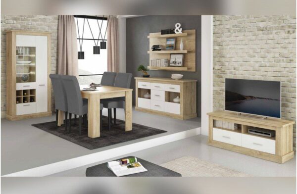 Salón completo Chellén 08 de estilo moderno con vitrina, bajo tv y aparador en acabado color cambria y blanco.