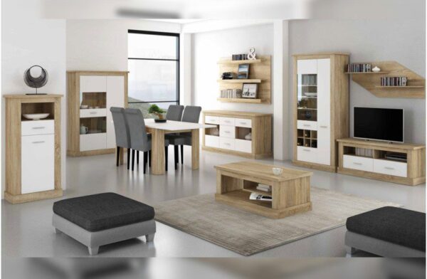 Salón completo Chellén 03 de estilo moderno en color cambria y blanco con mesa de comedor y vitrina con luces led.