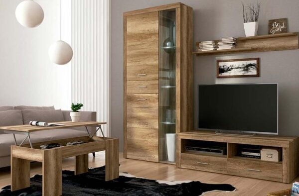 Salón completo Texas 01 de estilo moderno con vitrina alta con luces LED, mueble bajo para TV, estante y mesa de centro elevable.