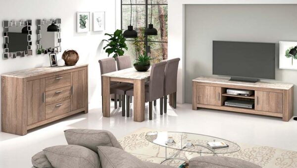 Salón Completo Roncal 12 de estilo moderno compuesto por aparador, mesa de comedor y mueble de TV en un ambiente de salón luminoso.