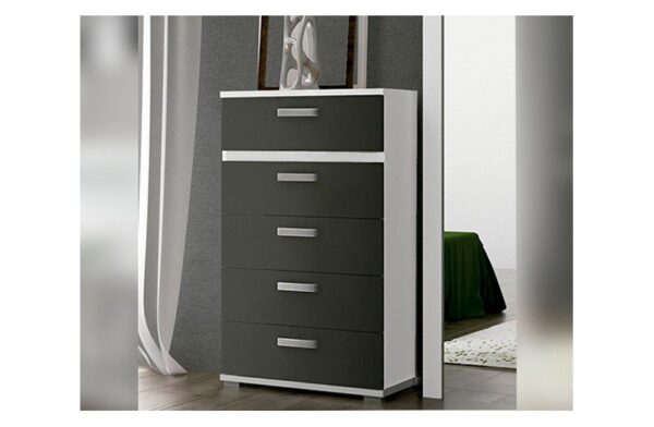 Sinfonier Cabra de 5 cajones con un elegante diseño en colores blanco y grafito, ideal para un dormitorio moderno.