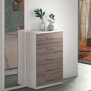 Sinfonier Monika con 5 cajones en acabado cambria blanco, ideal para organizar el dormitorio.