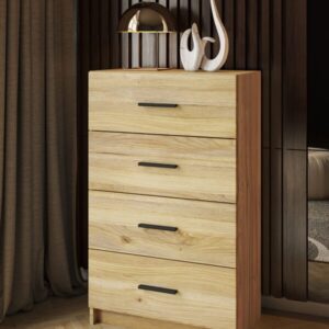 Sinfonier AURA 4 cajones de estilo moderno en color beige con tiradores negros, ubicado en un dormitorio luminoso.