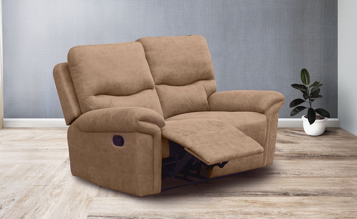 Sofá 2 plazas relax América tapizado en tejido Nolia color cemento, mostrando su mecanismo reclinable en un salón moderno.