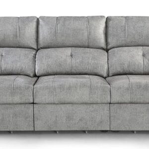 Sofá de 3 asientos Cupra extensible con tapizado en color gris y patas cromadas de diseño.