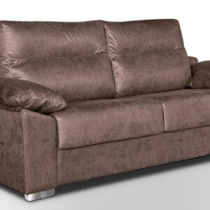 Sofá cama modelo Poo con sistema de apertura italiana tapizado en tela color gris perla en un salón moderno.