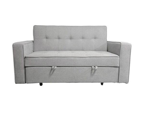 Sofá cama doble apertura Rol en tela gris, funcional y elegante, ideal para ahorrar espacio.