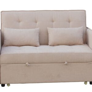 Sofá cama doble Bilbao con estructura de madera, clic-clac y cama inferior extraíble.