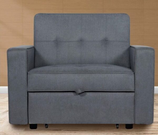 Sofá cama individual clic-clac Izán con estructura de madera y tapizado gris para espacios compactos.