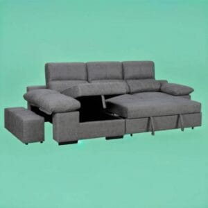 Sofá chaise longue cama Anabel convertible con arcón y 3 taburetes, ideal para aprovechar espacios.