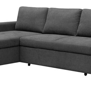 Sofá chaise longue cama Paton gris con arcón de almacenamiento y estructura robusta.