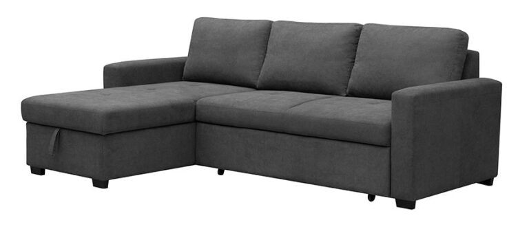 Sofá chaise longue cama Paton gris con arcón de almacenamiento y estructura robusta.