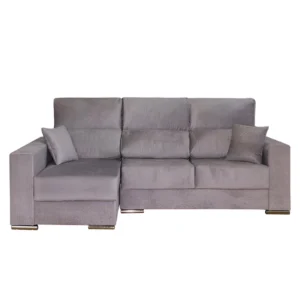 Imagen del sofá chaise longue Morena con tapizado gris, destacando sus respaldos reclinables, su chaise longue con almacenaje y patas cromadas.